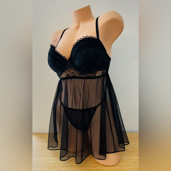 Victoria’s Secret Eyelash Lace Babydoll Lingerie Embroidered Black 36C - CUPS - Picture 6 of 8